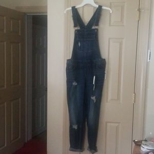 Distressed dark wash denim overalls